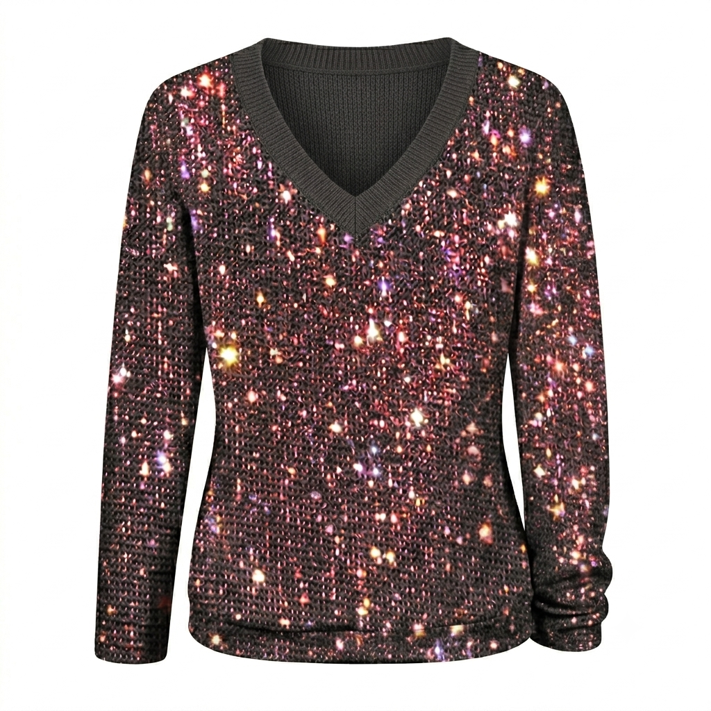 Shimmering V-Neck Knit Blouse with Light Reflecting Finish and Hip Length Coverage for Women
