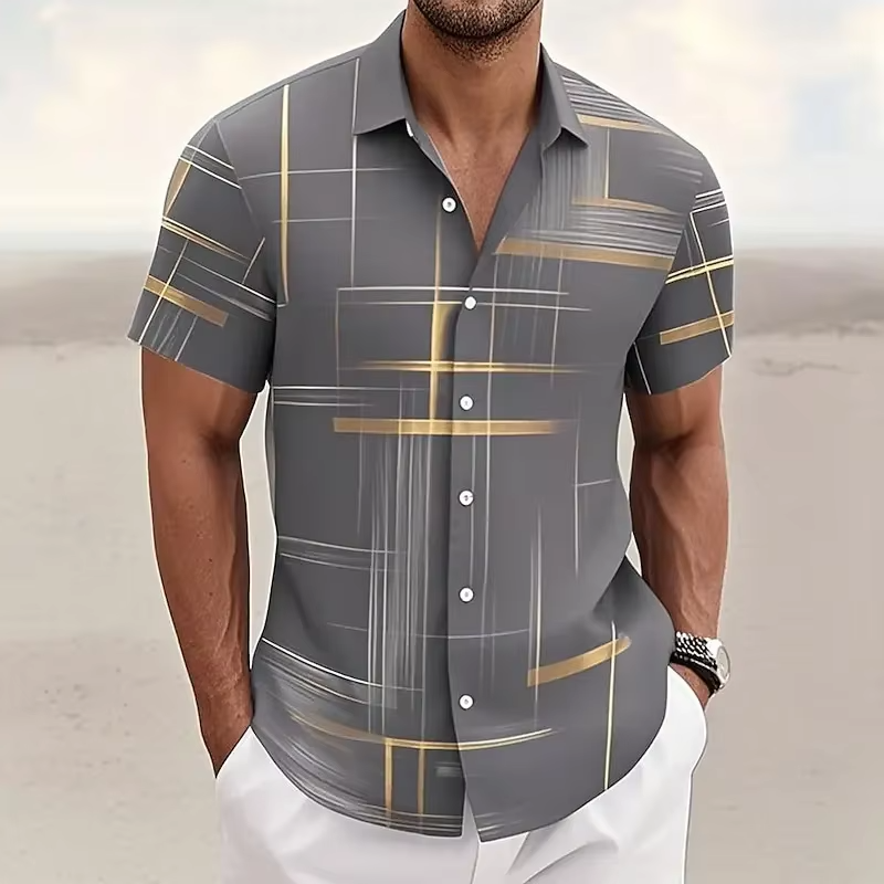 Geometric Plaid Button Shirt for Men with Short Sleeves