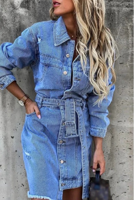 Button Down Midi Dress with Stretch Fit and Defined Waist, Front Slit