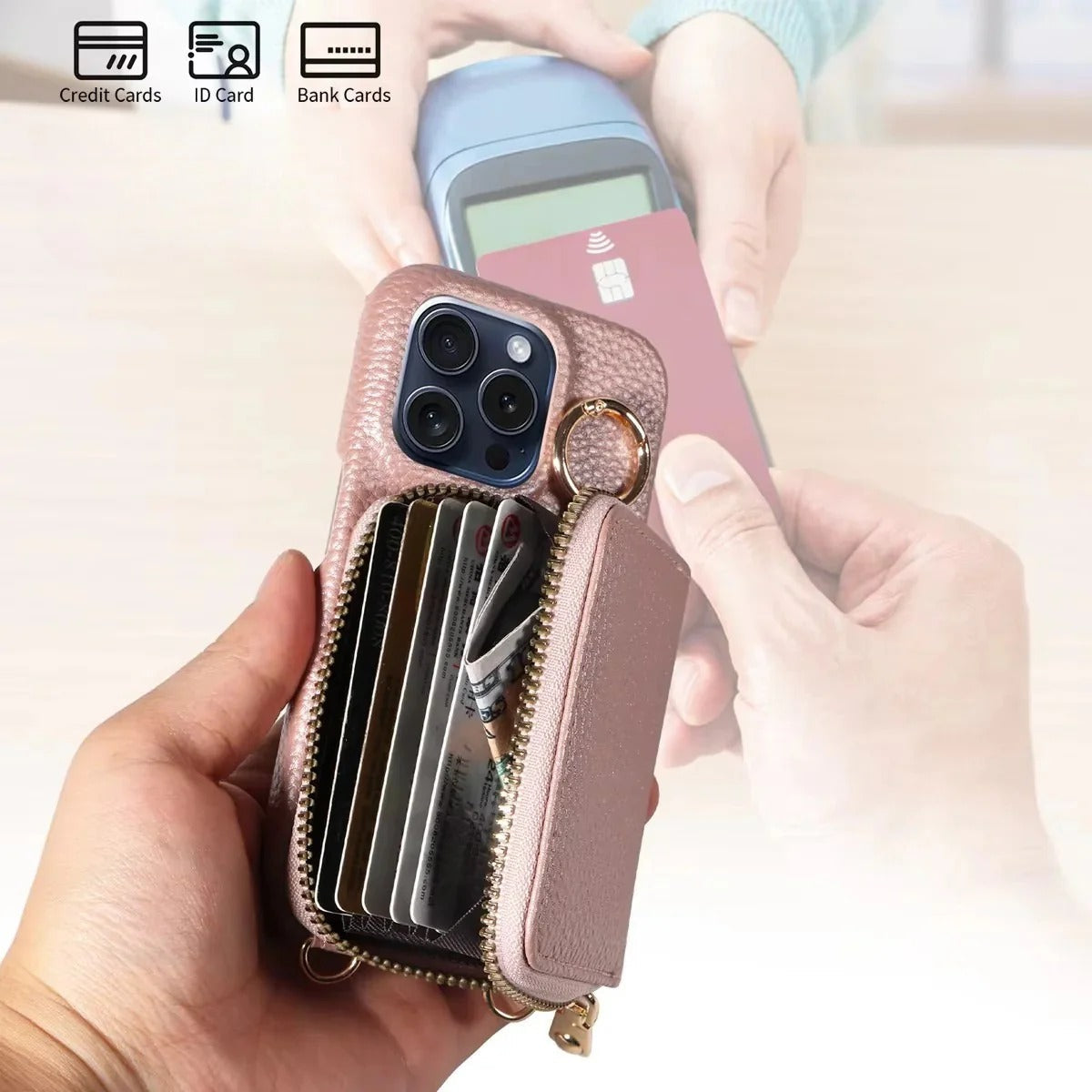 iPhone Leather Wallet Case with Zipper Closure and Detachable Lanyard, 4 Card Slots