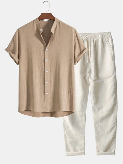 Linen Shirt and Pants Set with Stand Collar and Short Sleeves