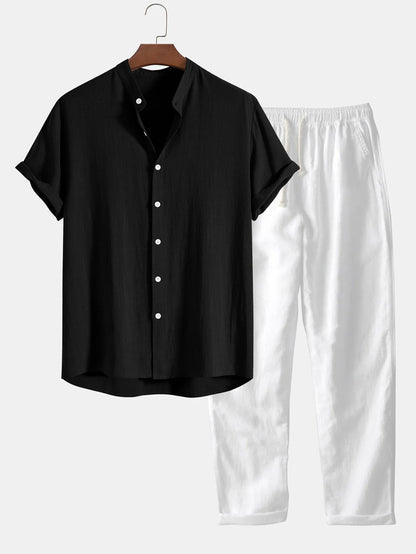 Linen Shirt and Pants Set with Stand Collar and Short Sleeves