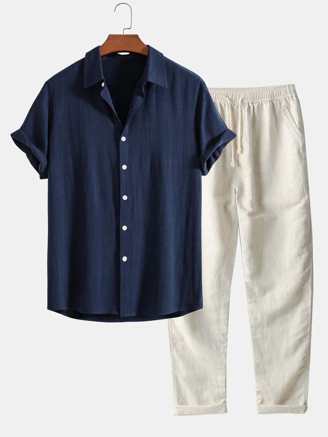 Linen Shirt and Pants Set with Stand Collar and Short Sleeves