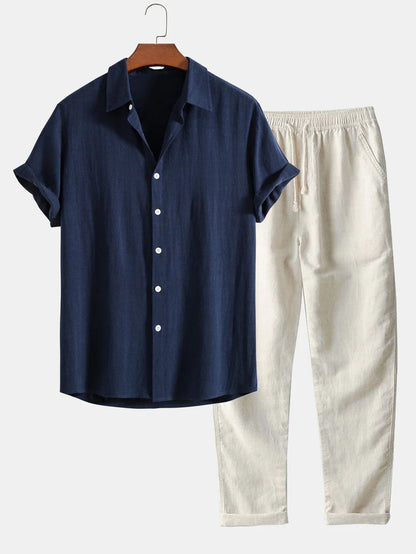 Linen Shirt and Pants Set with Stand Collar and Short Sleeves