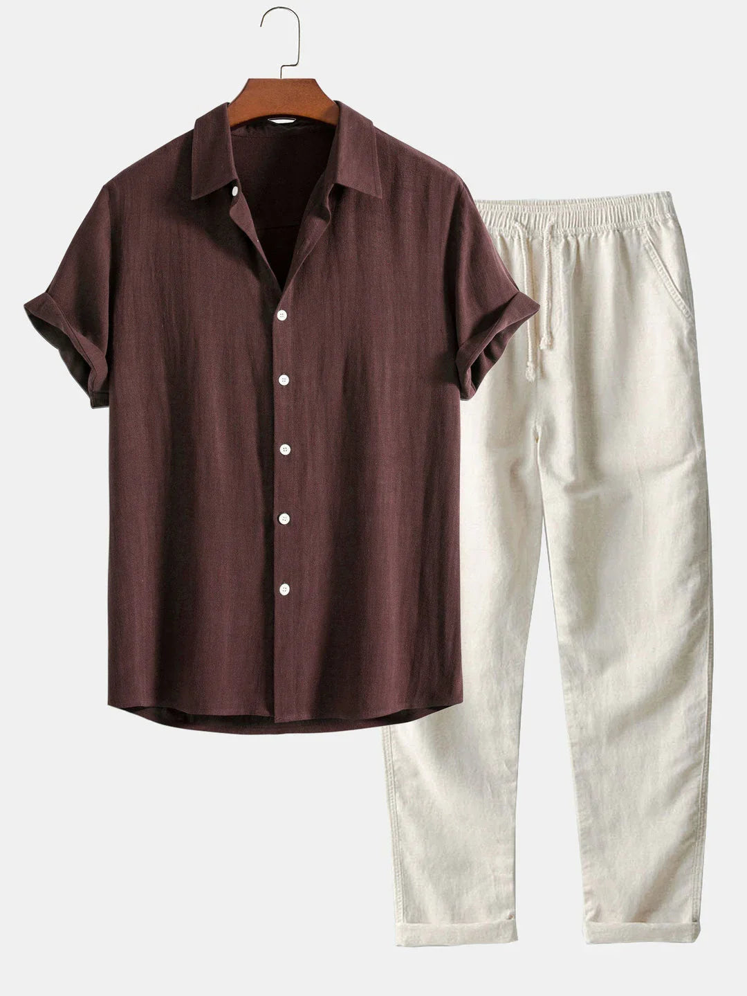 Linen Shirt and Pants Set with Stand Collar and Short Sleeves