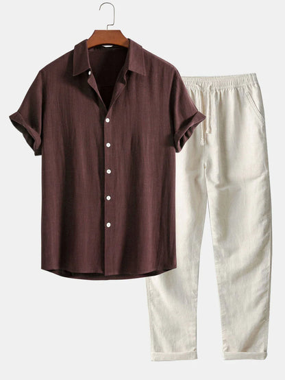 Linen Shirt and Pants Set with Stand Collar and Short Sleeves