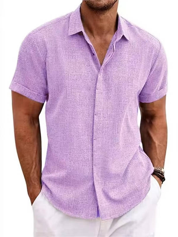 Button Front Cotton Linen Shirt for Men with Short Sleeves