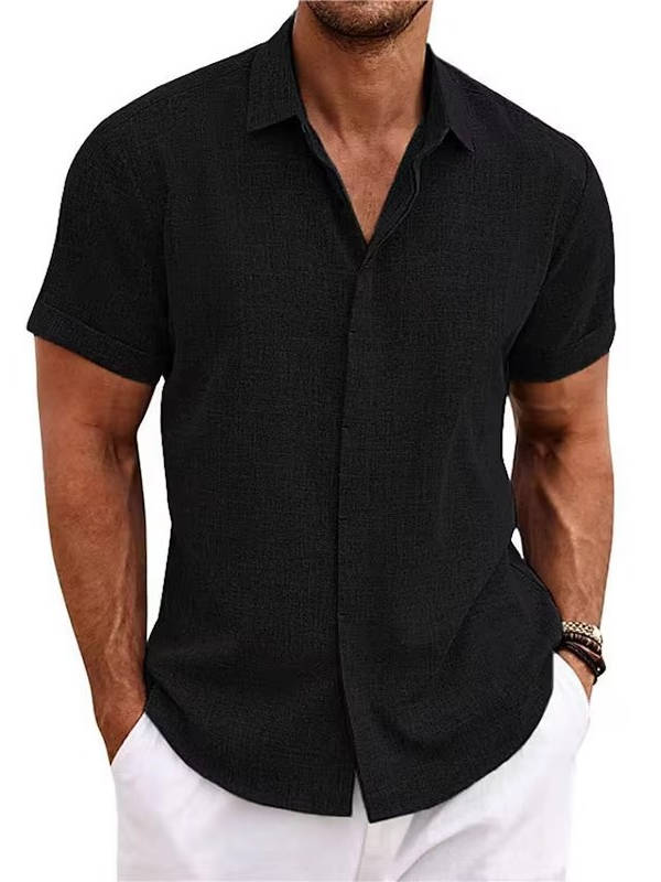 Button Front Cotton Linen Shirt for Men with Short Sleeves