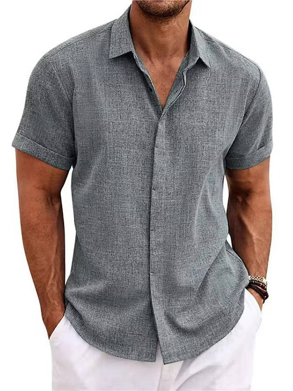Button Front Cotton Linen Shirt for Men with Short Sleeves