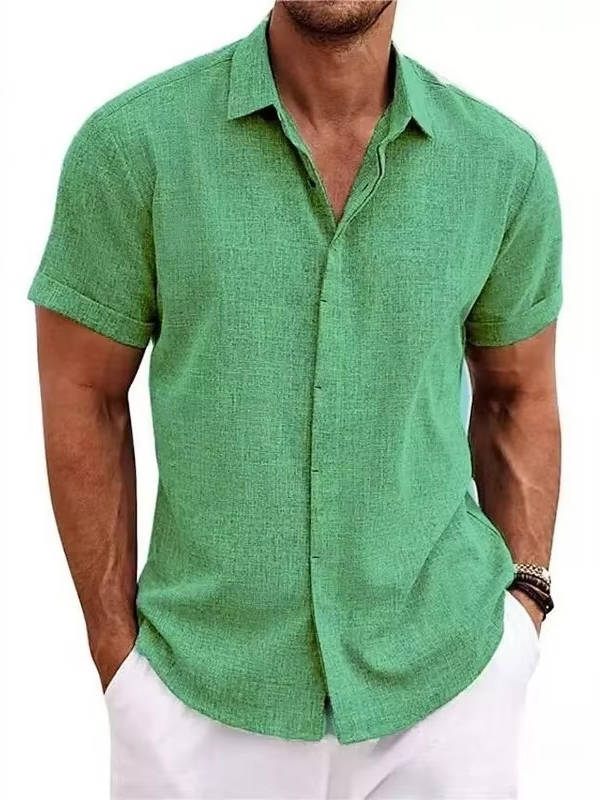 Button Front Cotton Linen Shirt for Men with Short Sleeves