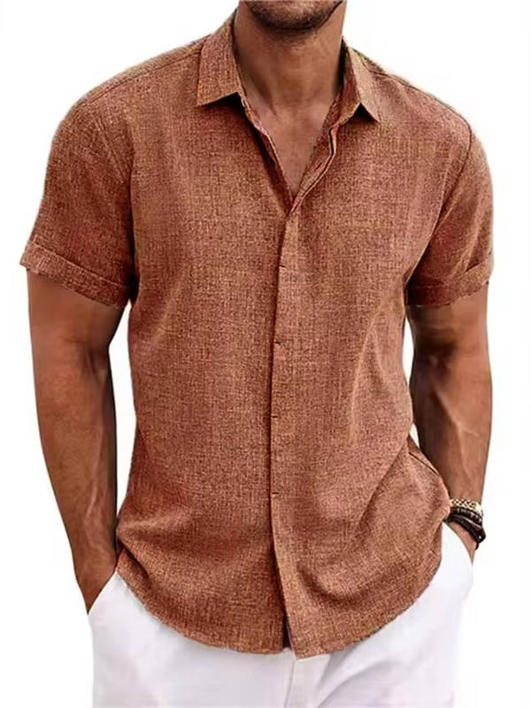 Button Front Cotton Linen Shirt for Men with Short Sleeves