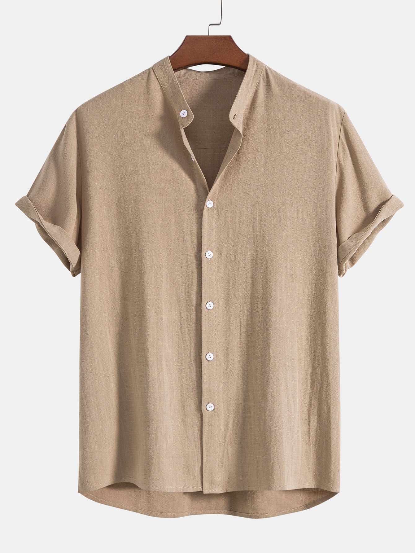 Linen Shirt and Pants Set with Stand Collar and Short Sleeves