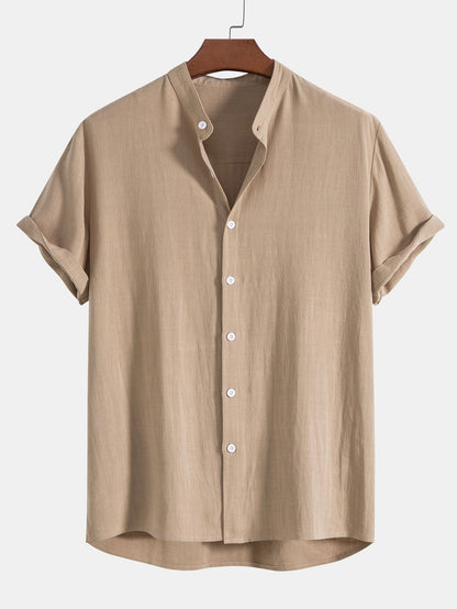Linen Shirt and Pants Set with Stand Collar and Short Sleeves