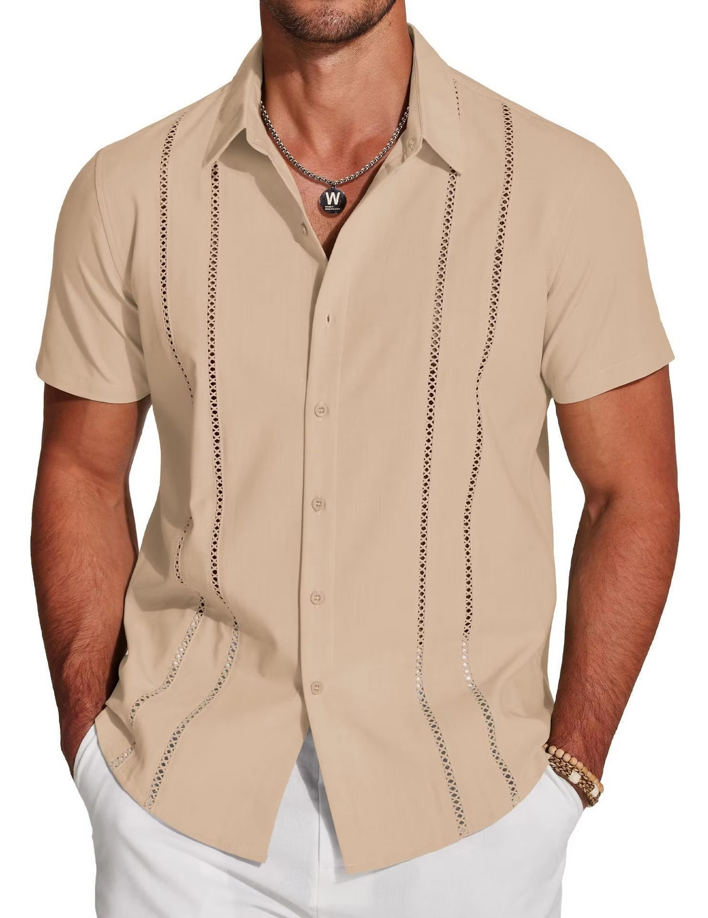Men's Cuban Guayabera Shirt with Cutout Embroidery and Vertical Pleats, Short Sleeve Button Down