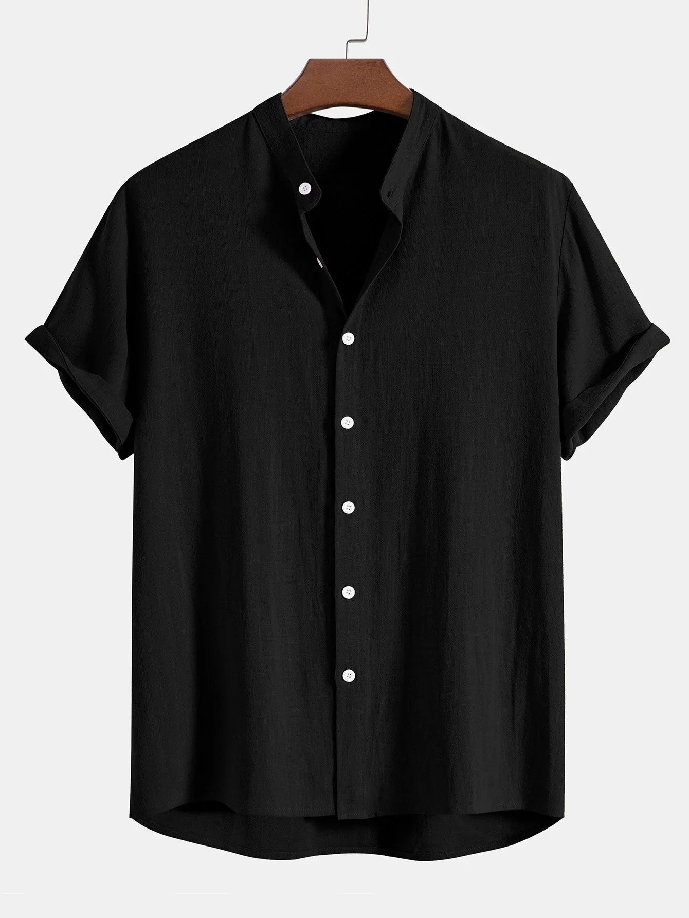 Linen Shirt and Pants Set with Stand Collar and Short Sleeves