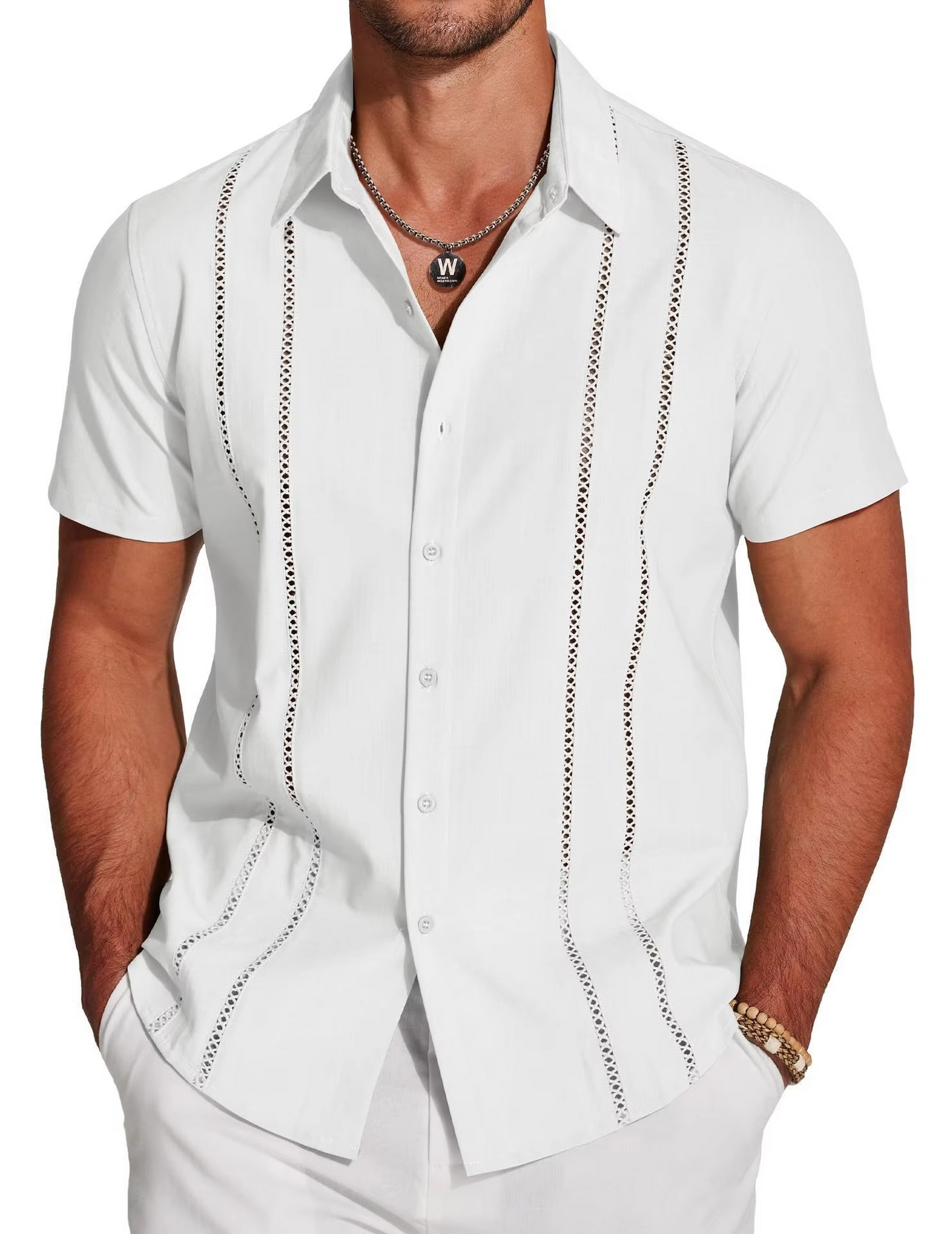 Men's Cuban Guayabera Shirt with Cutout Embroidery and Vertical Pleats, Short Sleeve Button Down