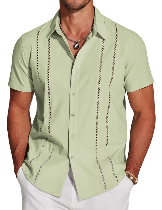 Men's Cuban Guayabera Shirt with Cutout Embroidery and Vertical Pleats, Short Sleeve Button Down