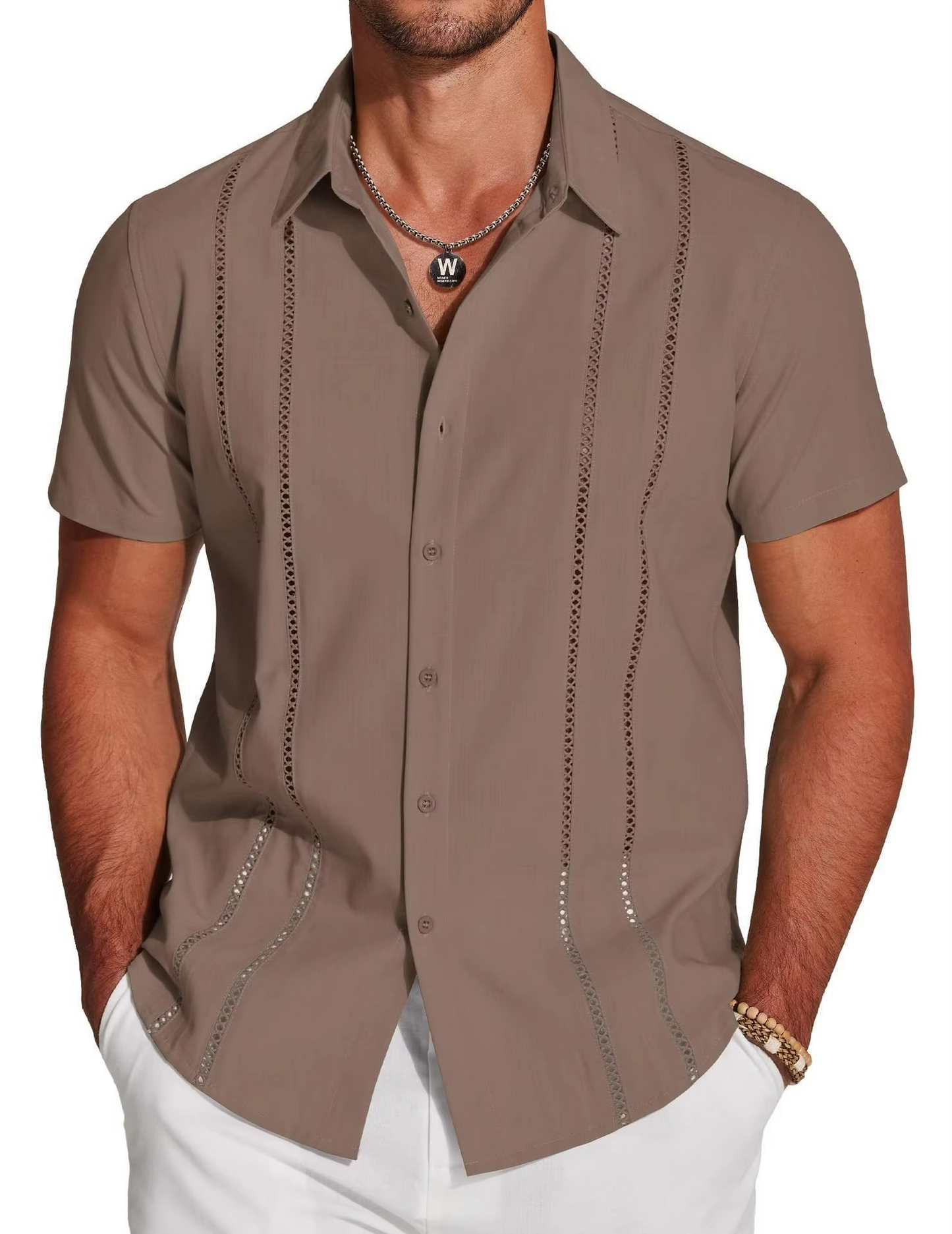 Men's Cuban Guayabera Shirt with Cutout Embroidery and Vertical Pleats, Short Sleeve Button Down