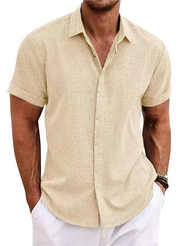 Button Front Cotton Linen Shirt for Men with Short Sleeves
