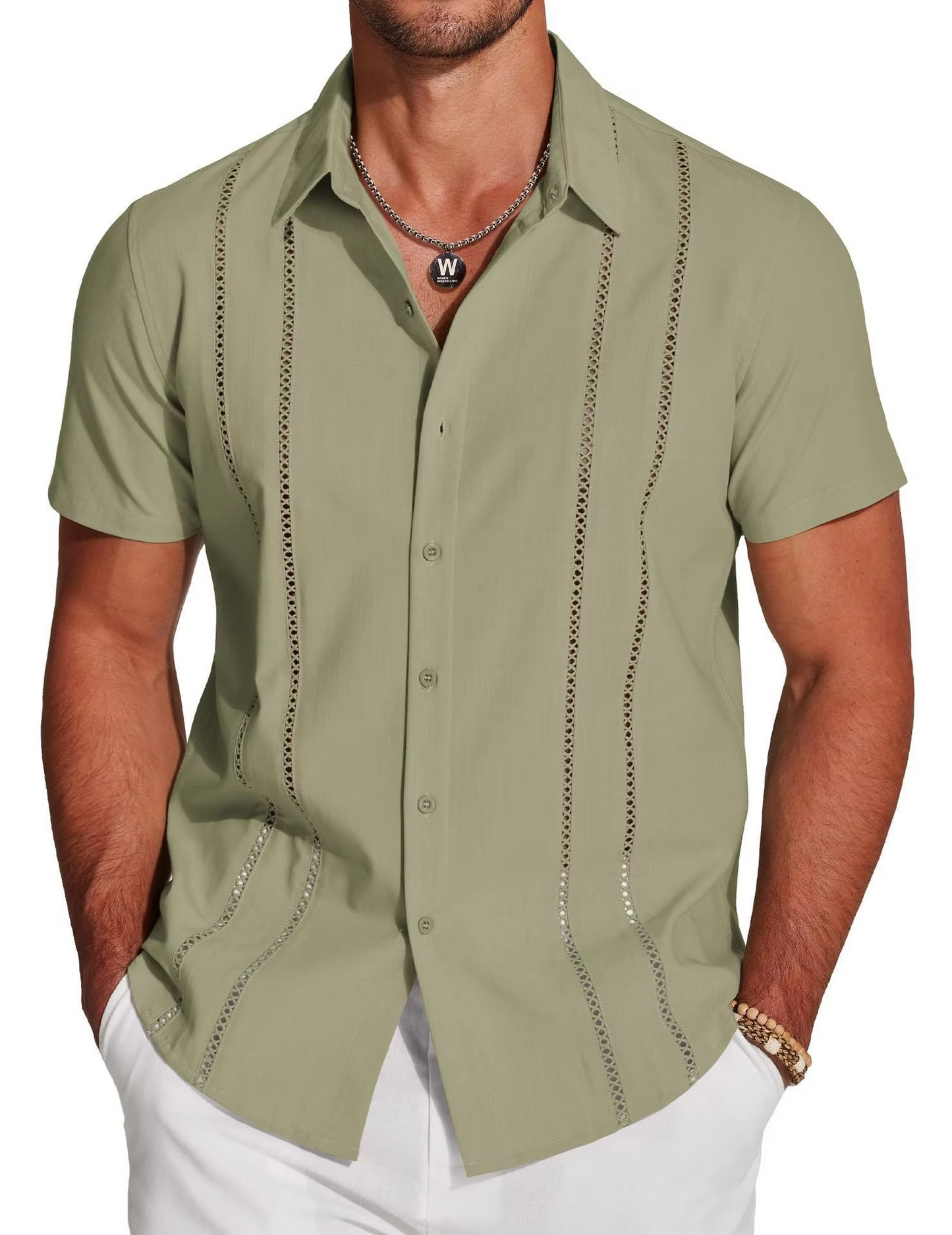 Men's Cuban Guayabera Shirt with Cutout Embroidery and Vertical Pleats, Short Sleeve Button Down