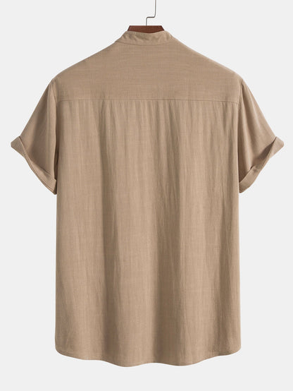 Linen Shirt and Pants Set with Stand Collar and Short Sleeves