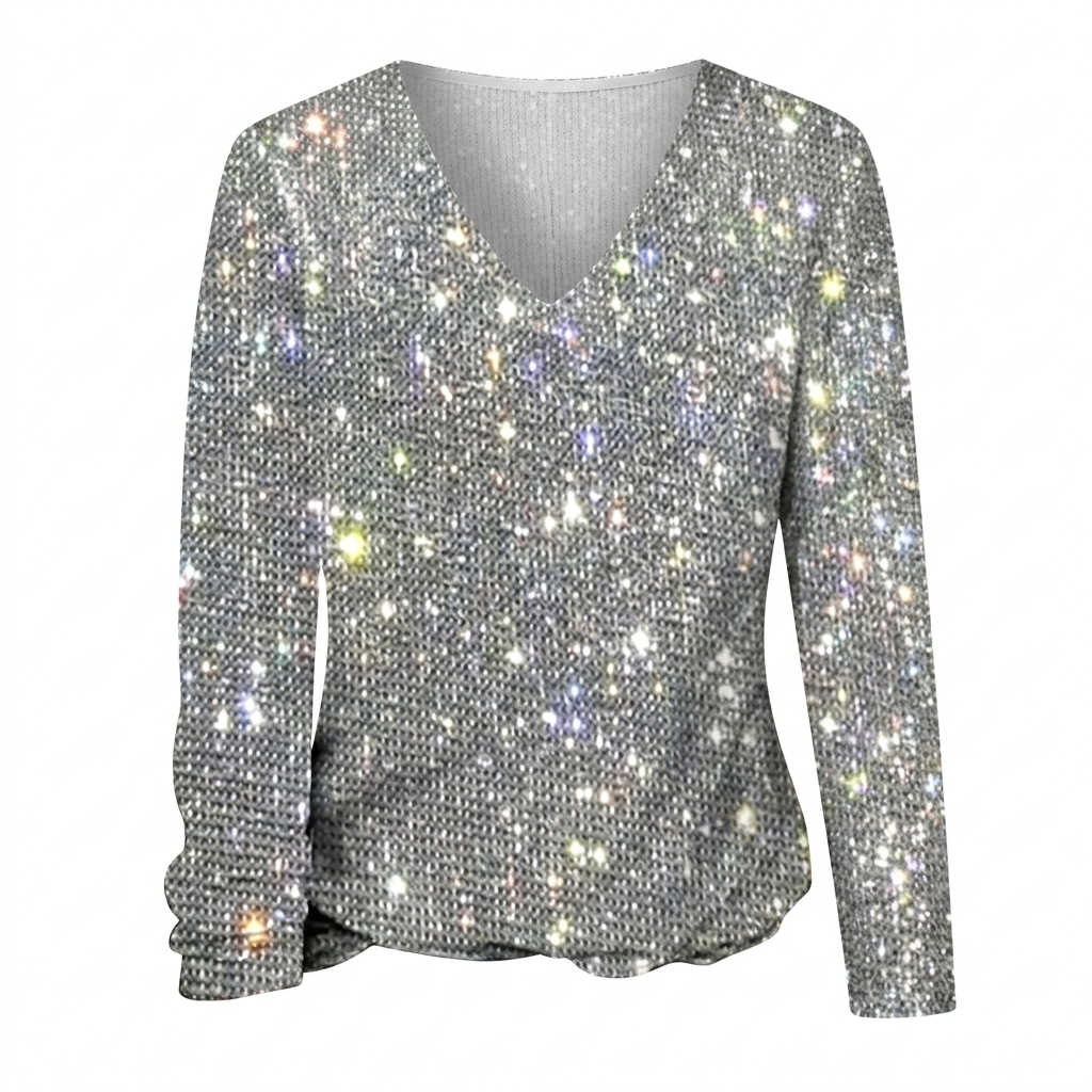 Shimmering V-Neck Knit Blouse with Light Reflecting Finish and Hip Length Coverage for Women