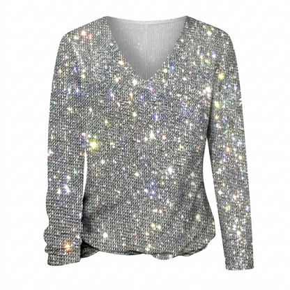 Shimmering V-Neck Knit Blouse with Light Reflecting Finish and Hip Length Coverage for Women
