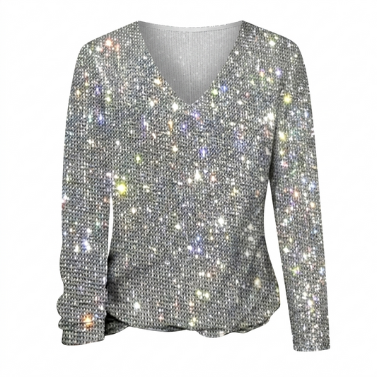 Shimmering V-Neck Knit Blouse with Light Reflecting Finish and Hip Length Coverage for Women