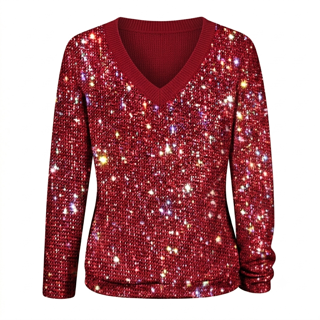 Shimmering V-Neck Knit Blouse with Light Reflecting Finish and Hip Length Coverage for Women