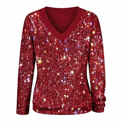Shimmering V-Neck Knit Blouse with Light Reflecting Finish and Hip Length Coverage for Women