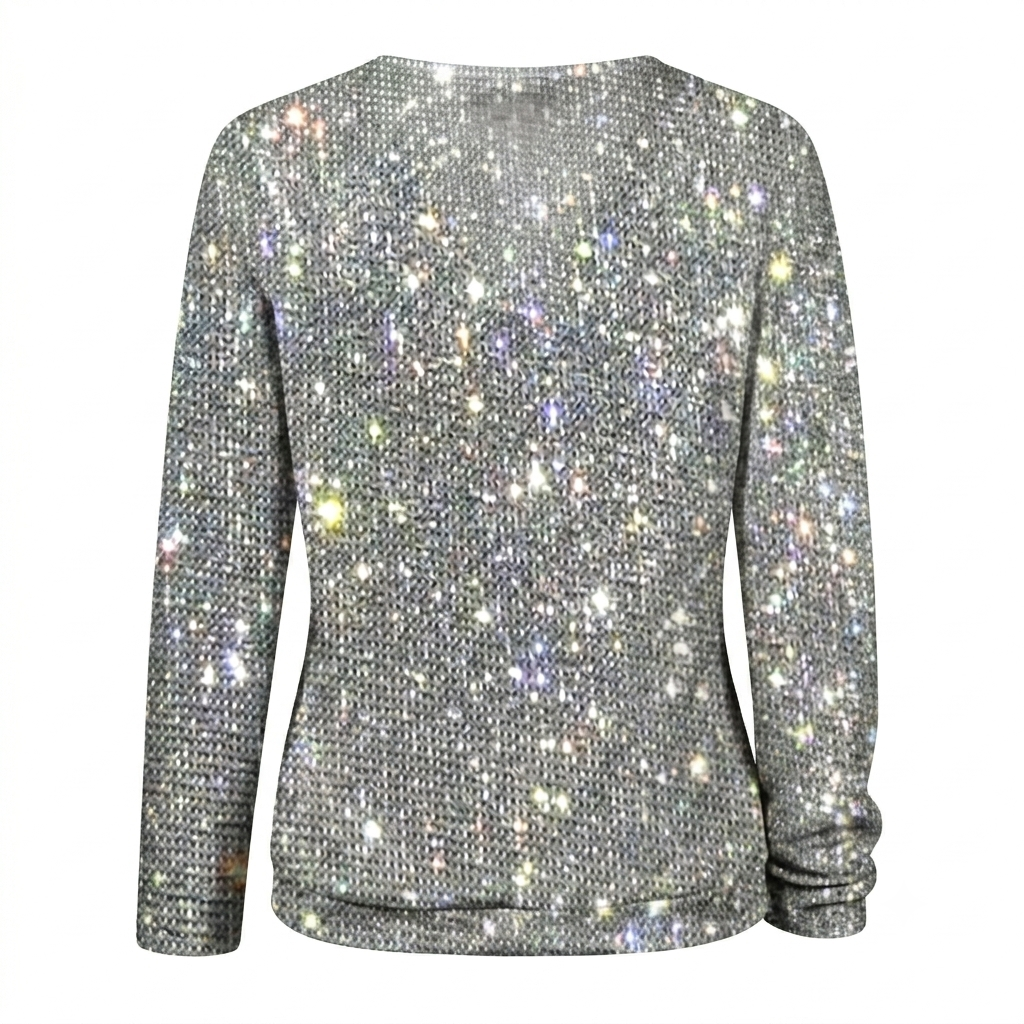 Shimmering V-Neck Knit Blouse with Light Reflecting Finish and Hip Length Coverage for Women
