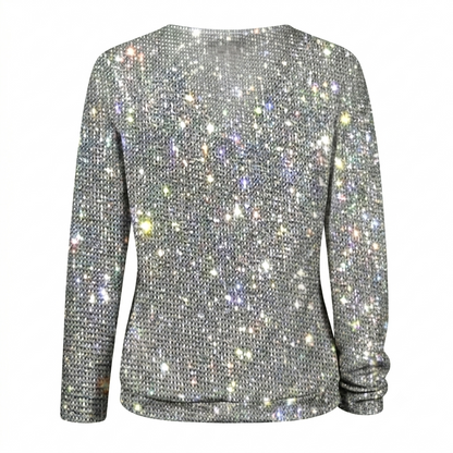 Shimmering V-Neck Knit Blouse with Light Reflecting Finish and Hip Length Coverage for Women