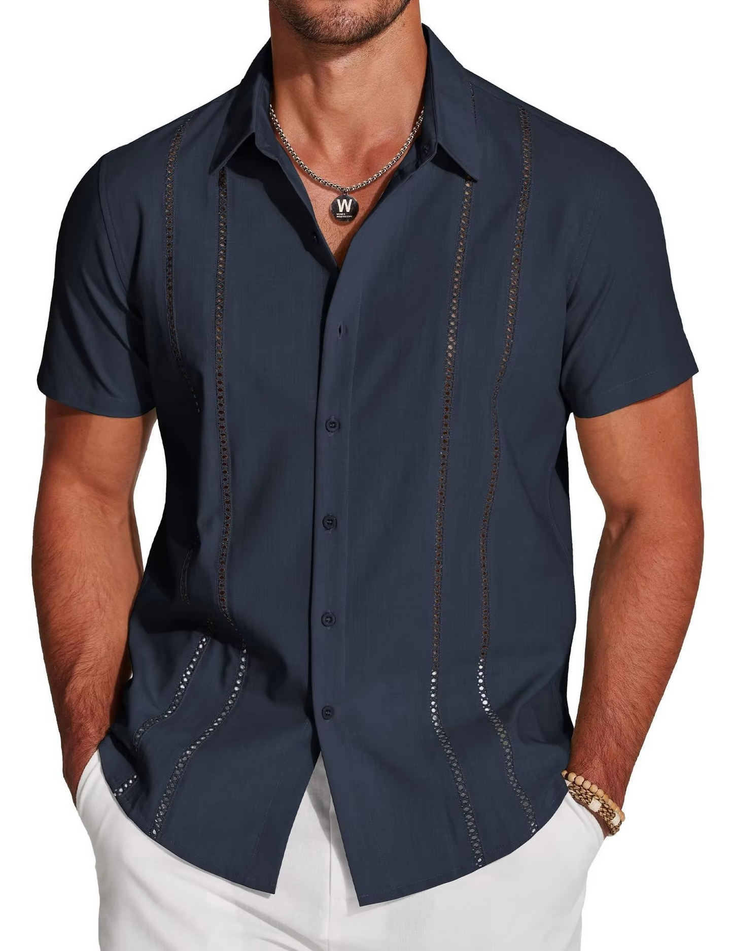 Men's Cuban Guayabera Shirt with Cutout Embroidery and Vertical Pleats, Short Sleeve Button Down