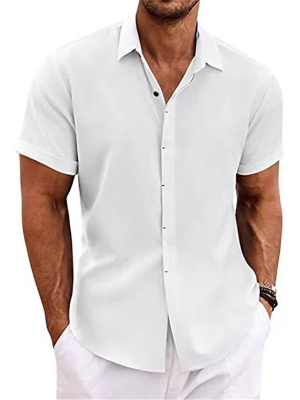 Button Front Cotton Linen Shirt for Men with Short Sleeves