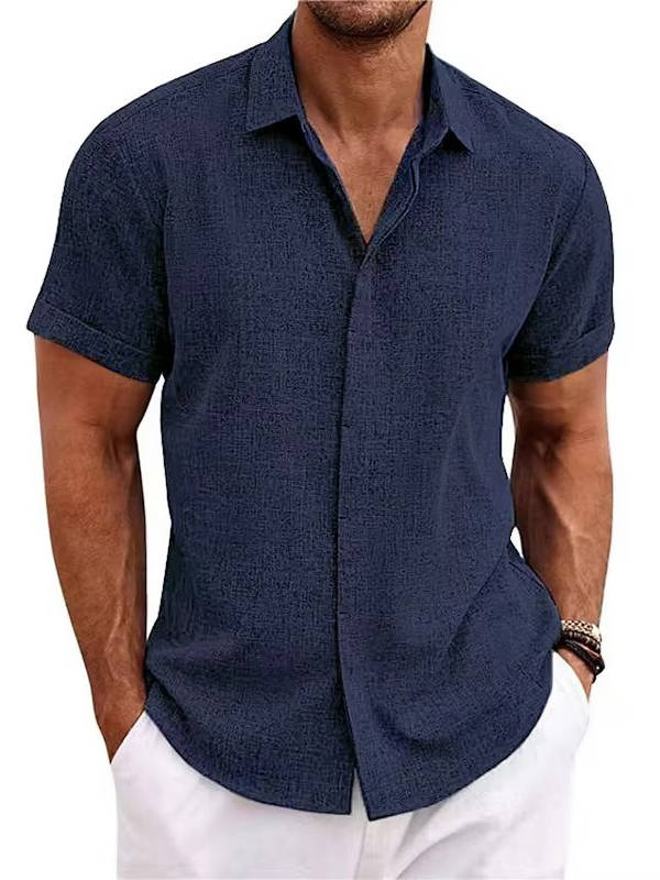 Button Front Cotton Linen Shirt for Men with Short Sleeves
