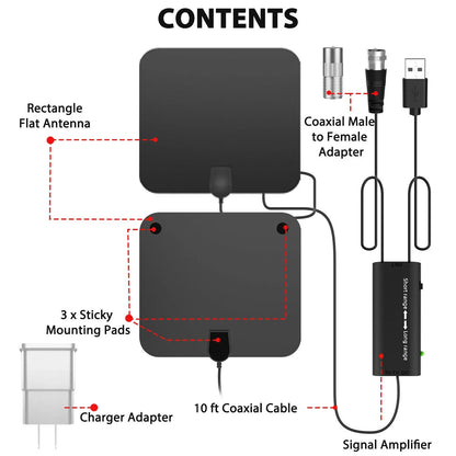 Indoor Digital HDTV Antenna with Signal Amplifier and 10ft Cable for Local Channels