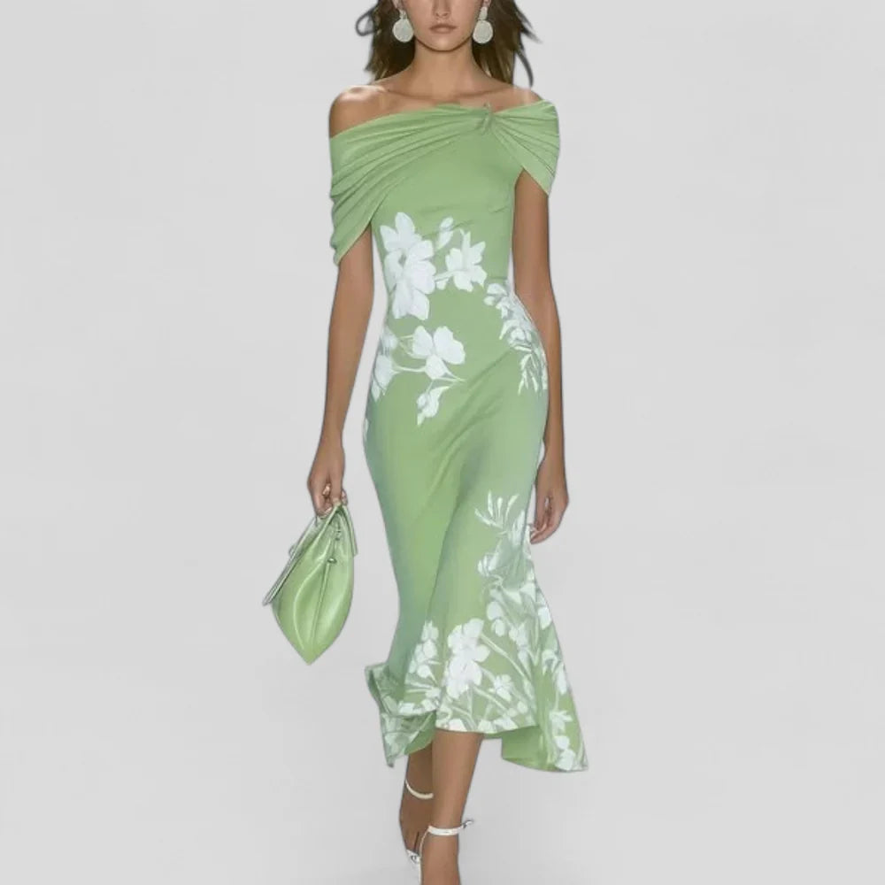 Trendy Off-Shoulder Floral Midi Dress with Slip-On Comfort Fit