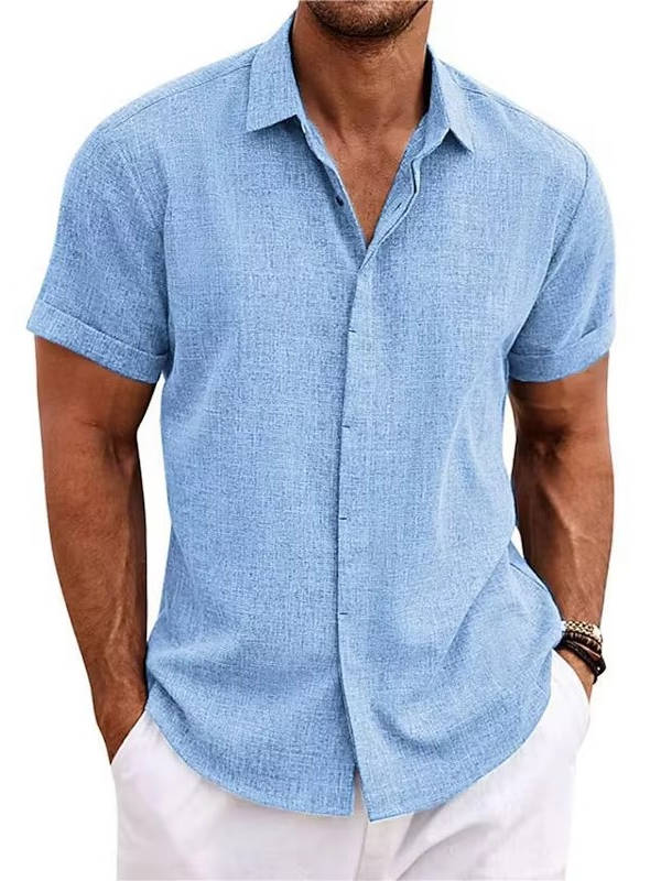 Button Front Cotton Linen Shirt for Men with Short Sleeves