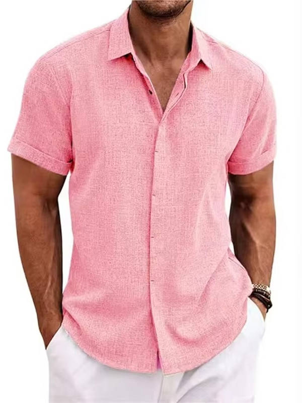 Button Front Cotton Linen Shirt for Men with Short Sleeves