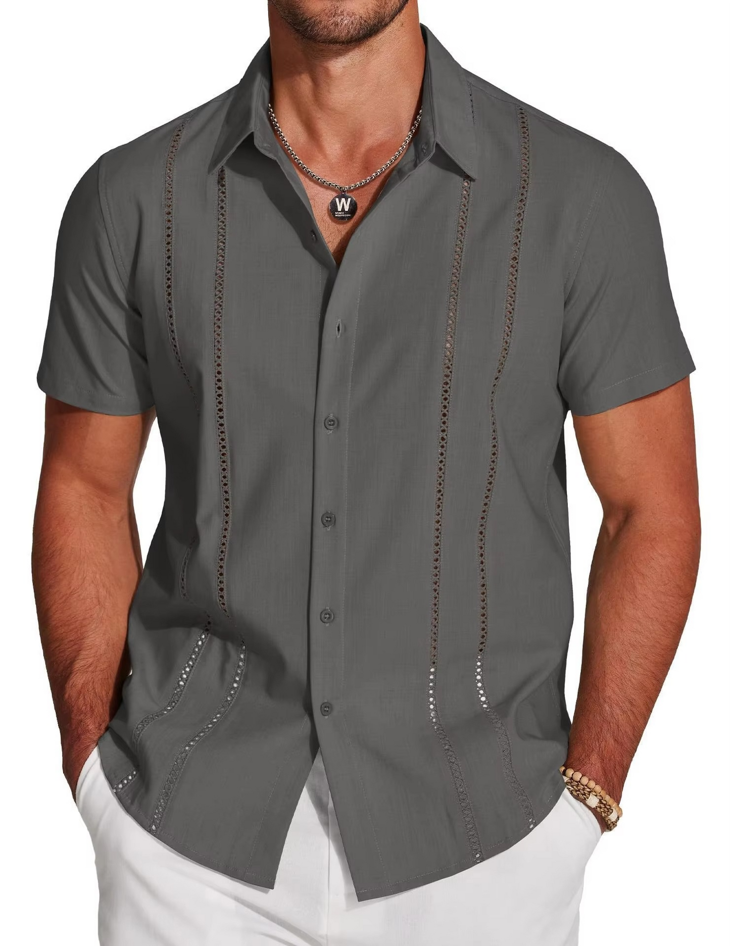 Men's Cuban Guayabera Shirt with Cutout Embroidery and Vertical Pleats, Short Sleeve Button Down