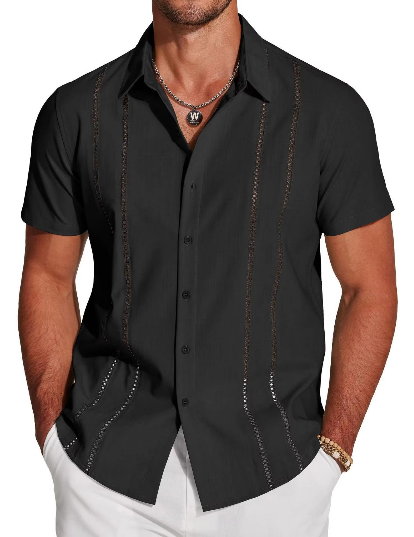 Men's Cuban Guayabera Shirt with Cutout Embroidery and Vertical Pleats, Short Sleeve Button Down