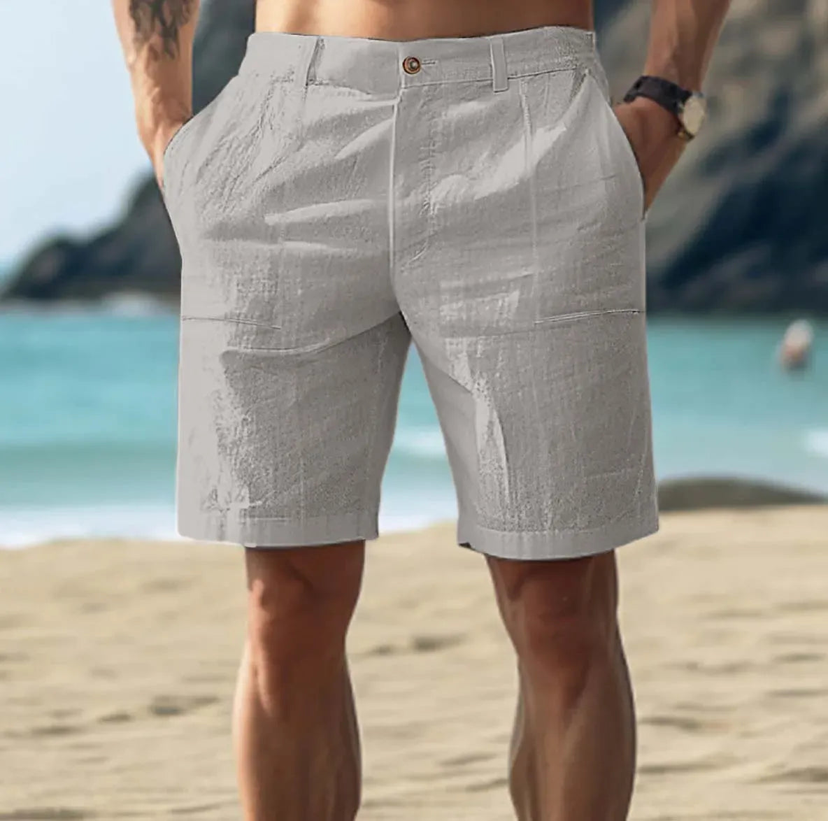 Linen Shorts for Men with Drawstring Waist and Multiple Pockets