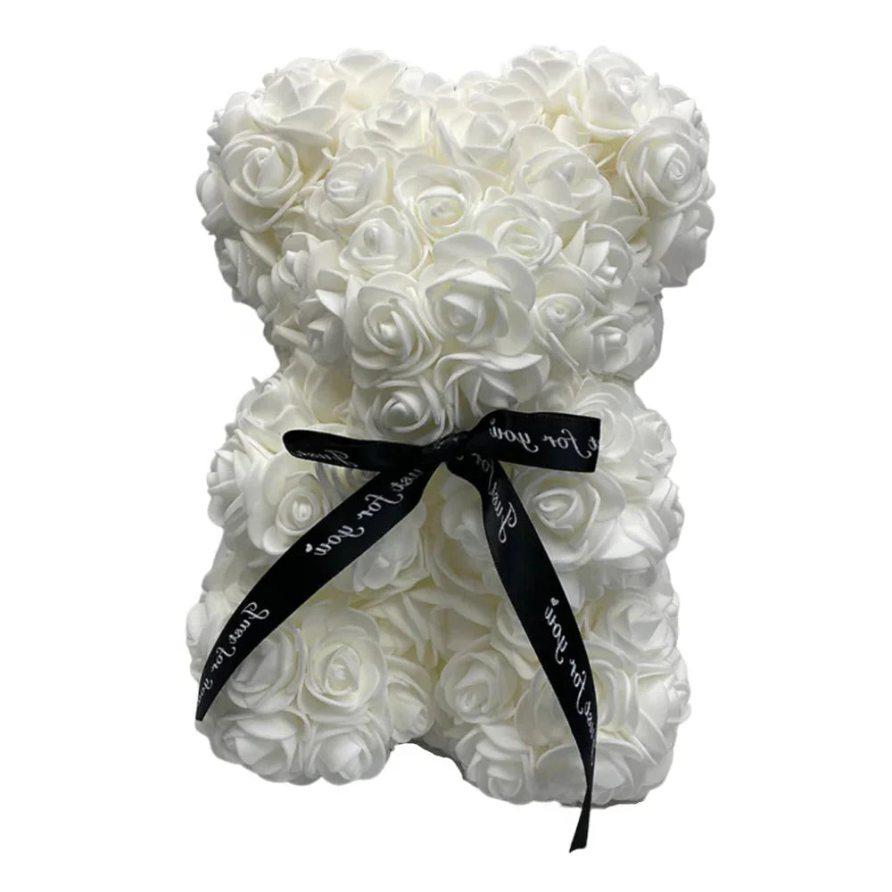 Foam Rose Teddy Bear with Synthetic Petals and Ribbon Neck Accent