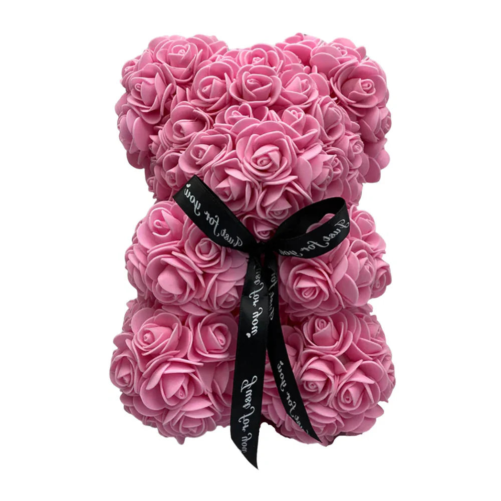 Foam Rose Teddy Bear with Synthetic Petals and Ribbon Neck Accent