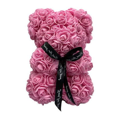 Foam Rose Teddy Bear with Synthetic Petals and Ribbon Neck Accent