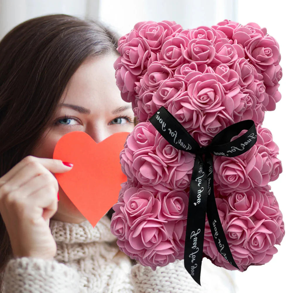 Foam Rose Teddy Bear with Synthetic Petals and Ribbon Neck Accent