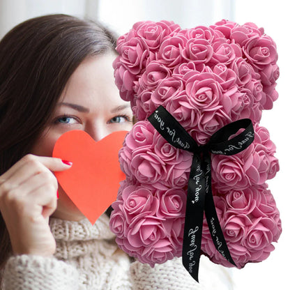 Foam Rose Teddy Bear with Synthetic Petals and Ribbon Neck Accent