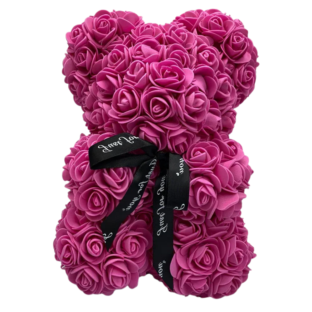 Foam Rose Teddy Bear with Synthetic Petals and Ribbon Neck Accent