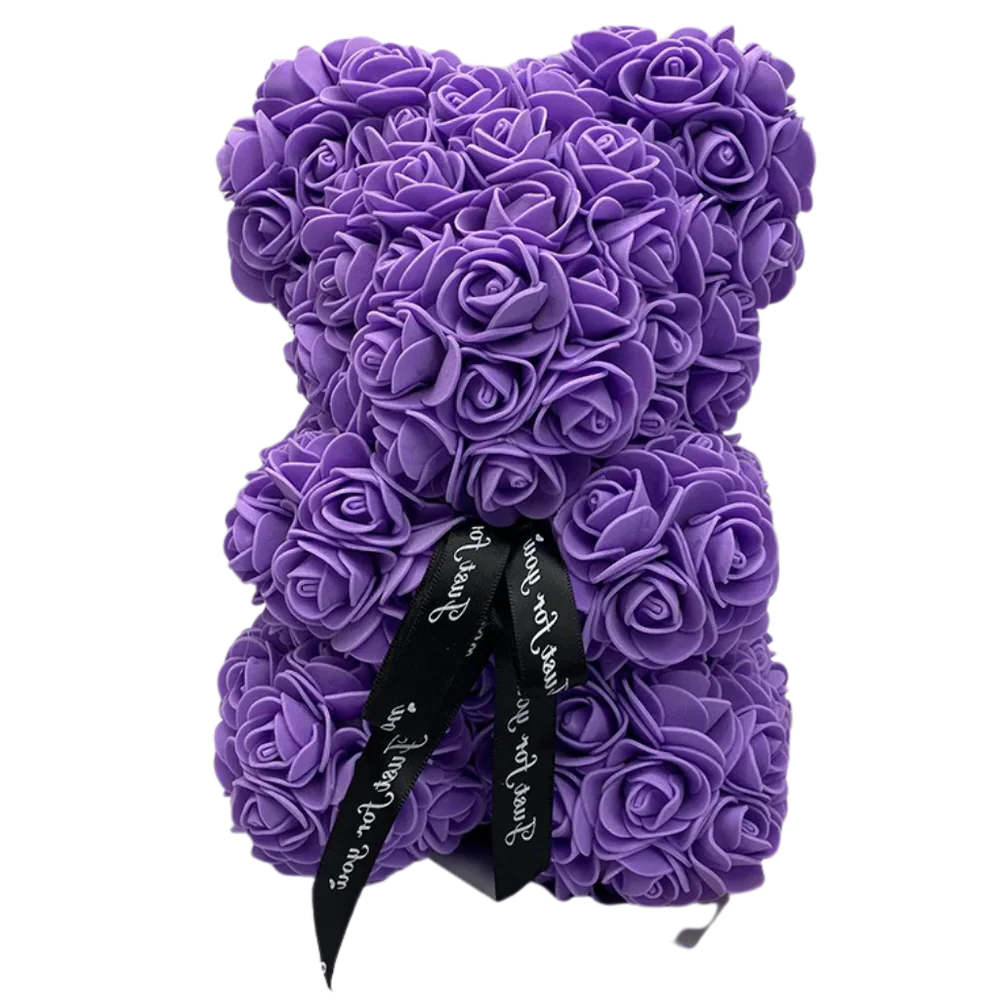 Foam Rose Teddy Bear with Synthetic Petals and Ribbon Neck Accent