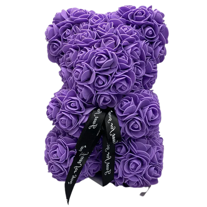 Foam Rose Teddy Bear with Synthetic Petals and Ribbon Neck Accent